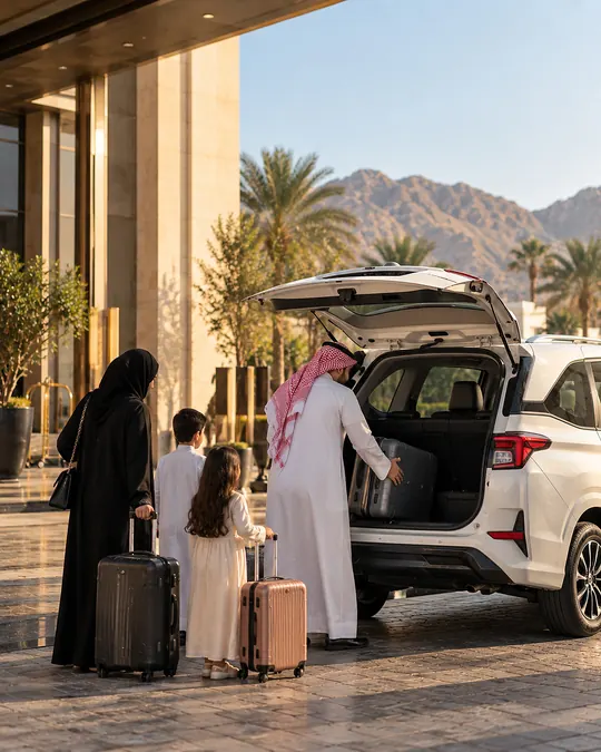 عائلة تجهز أمتعتها في سيارة عائلية